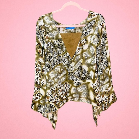 Y2K Earthtone Multi Pattern Paisley Flare Sleeved Mesh V-Neck Long Sleeve Blouse - Picture 2 of 5